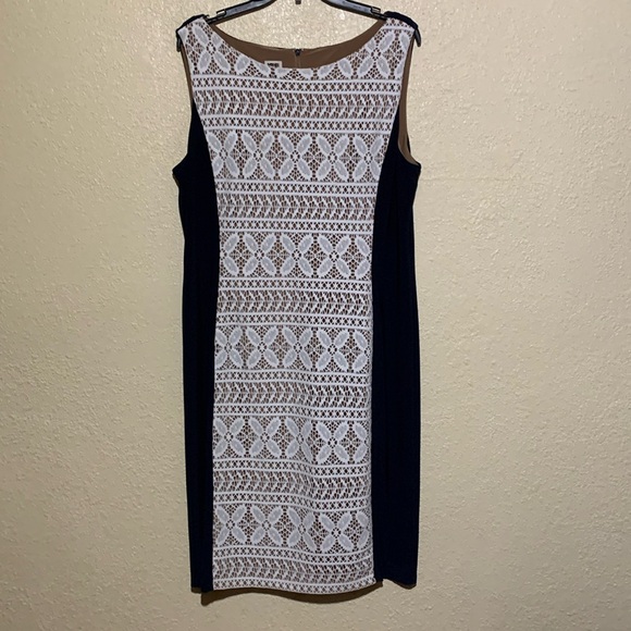Anne Klein Dress 16 Stretchy Navy Blue Cream Floral Lace Sleeveless Lined Zipper - Picture 1 of 16